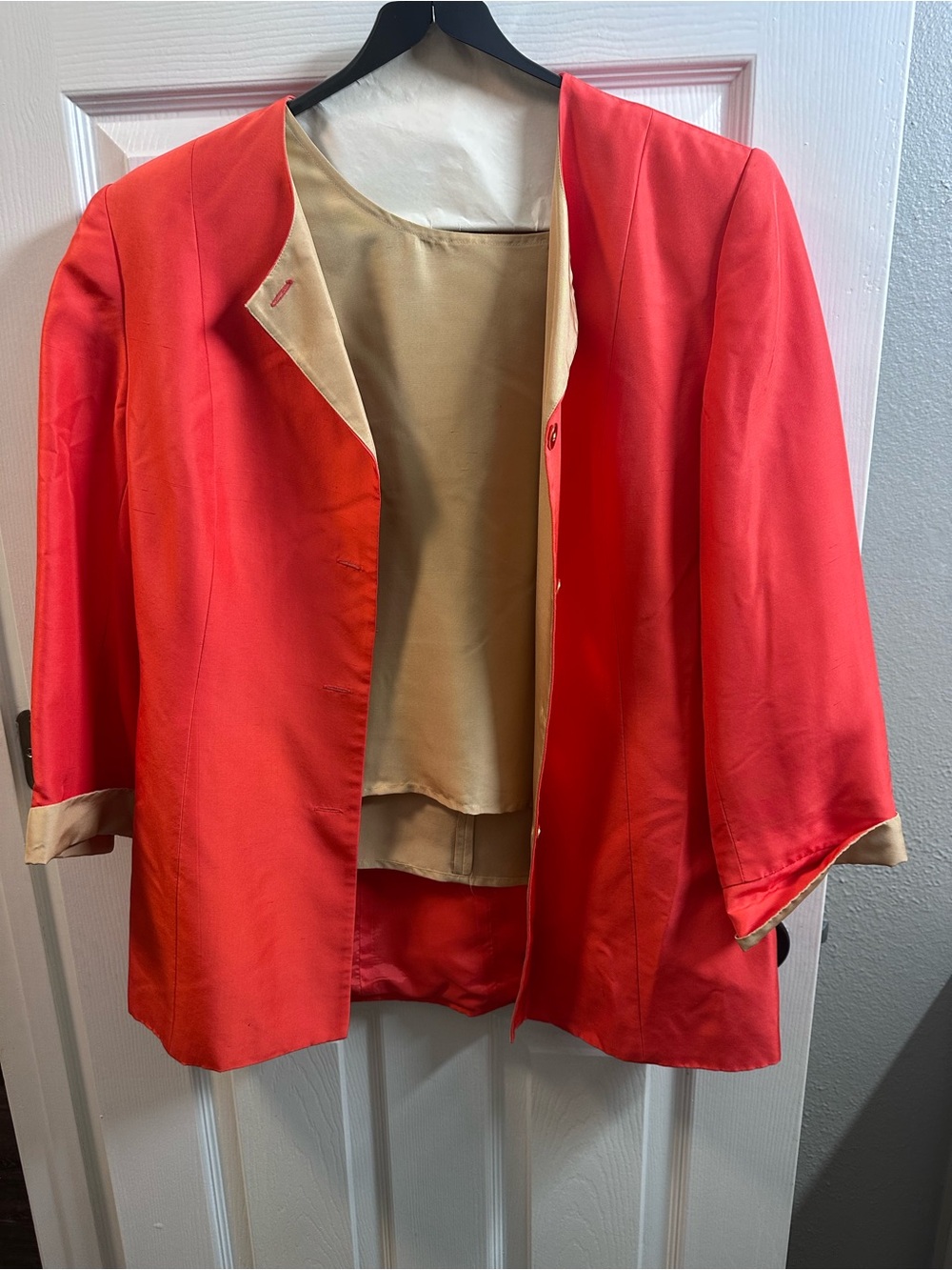 Vintage Maggy London 3 Piece Silk Suit Set Coral Pink Jacket Shell Skirt Women’s